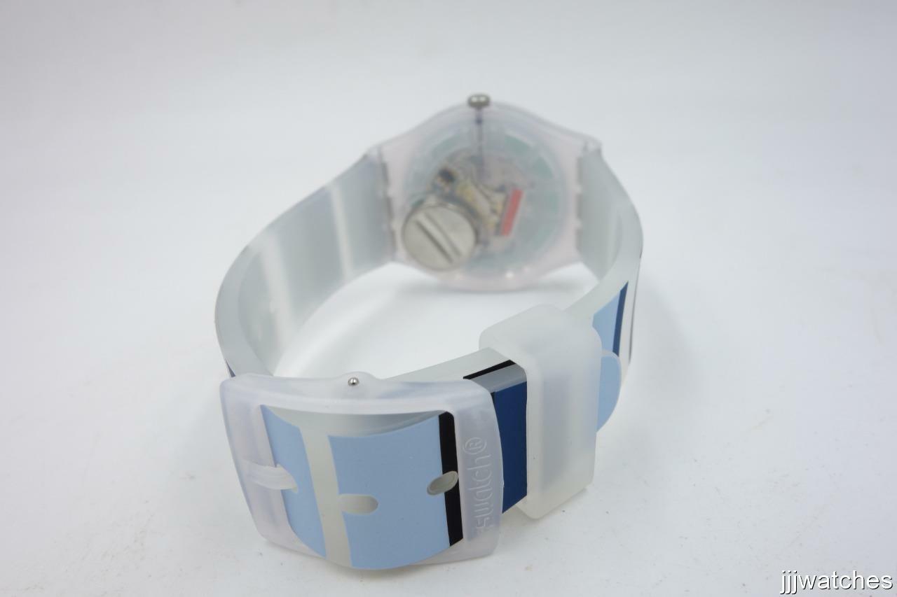 Swatch Swiss Originals NIGHT SKY Semi-Transparent Blue Stripes Watch 34mm GE275