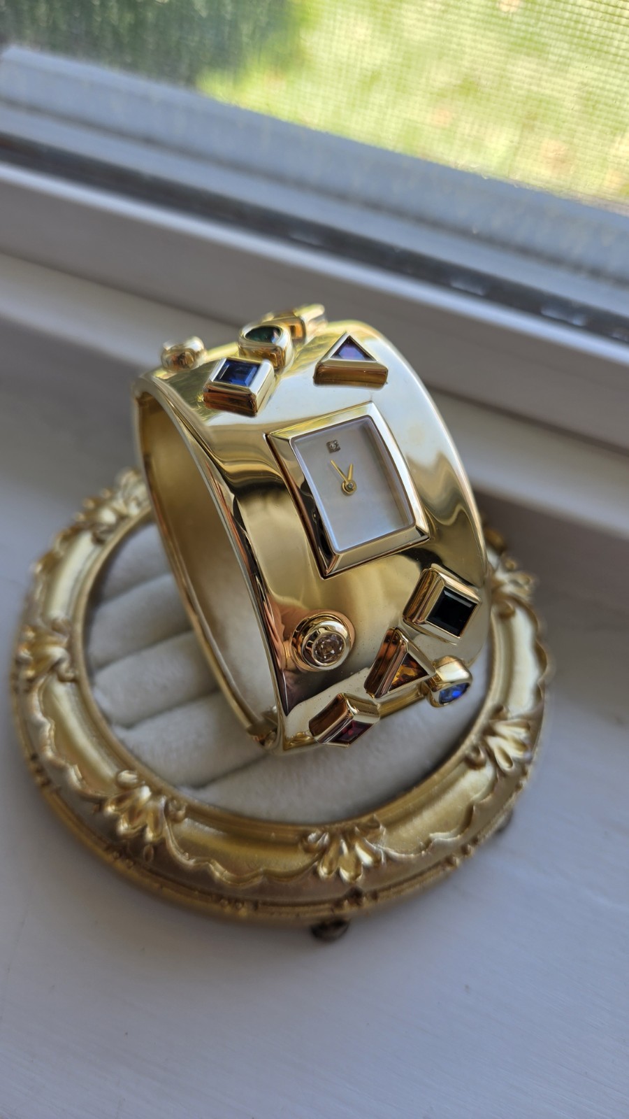 Vintage Franklin Mint Bob Mackie 24k GP Bezel Stone Cuff Watch Estate
