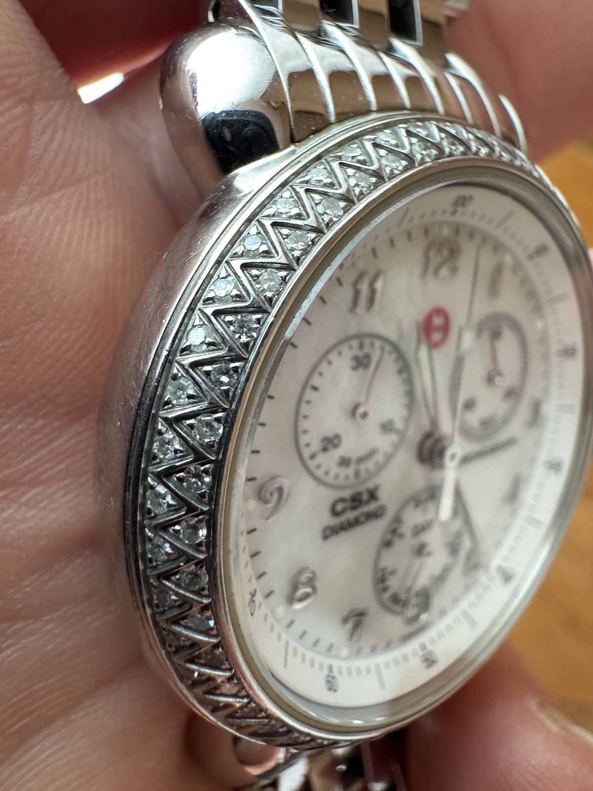 Michele CSX Diamond Bezel Mother of Pearl Chronograph Watch, 36mm • MW03M01A1025