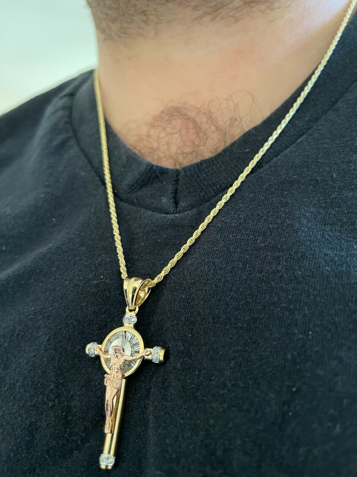 Solid 925 Silver Cross W. Jesus Pendant Yellow & Rose Gold Plated Necklace CZ