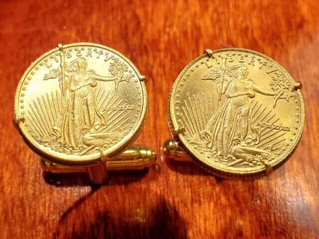 Striding Liberty Coin Men’s Cufflinks 14K Yellow Gold Plated Sterling Silver 925
