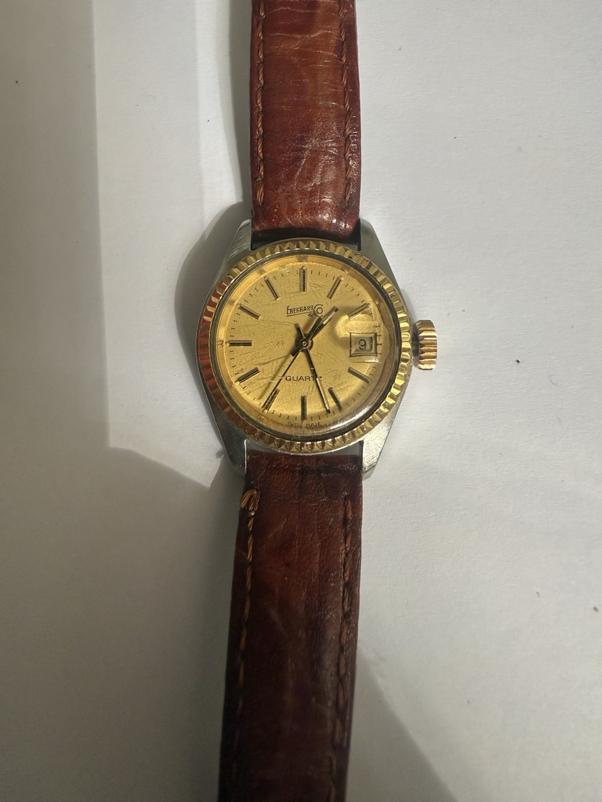 Eberhard & Co. Quartz Date Gold Dial Brown Leather 25.45mm Men’s Watch