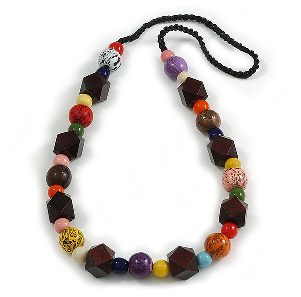 Multicoloured Ceramic/ Wooden Bead Cotton Cord Long Necklace – 82cm Long