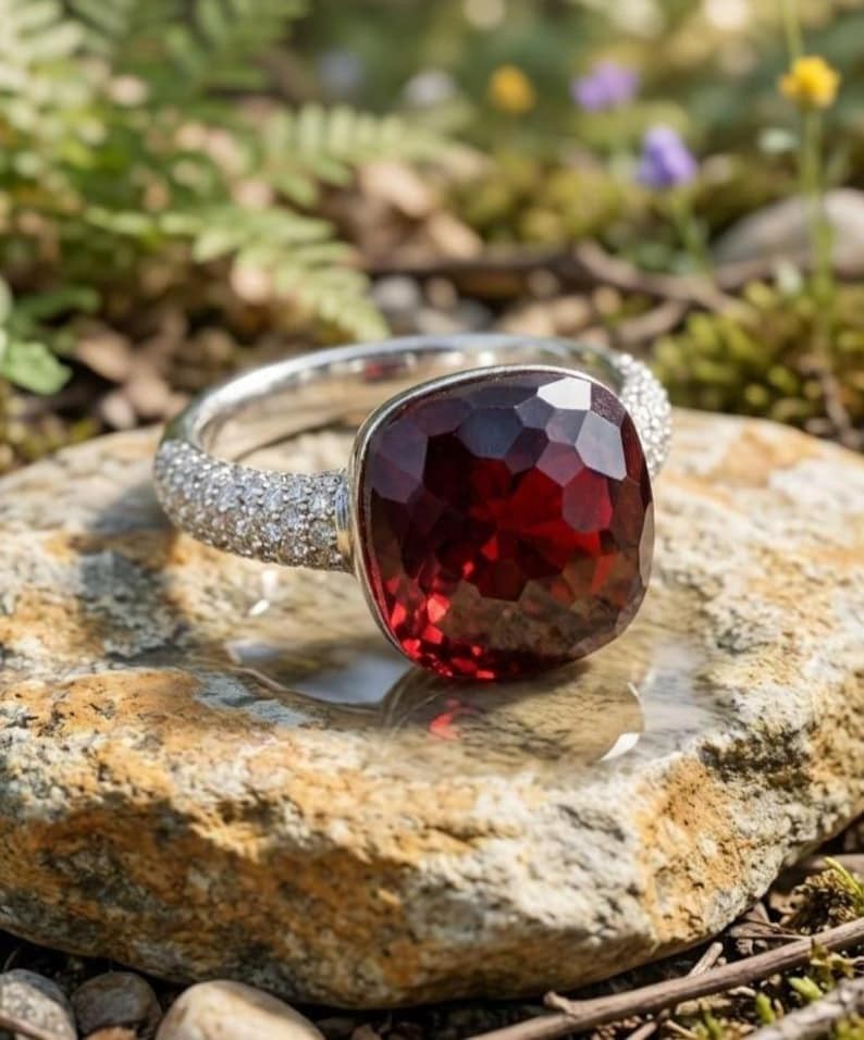 Red Garnet and Moissonite accents 925 Silver Special Nudo wedding ring forher