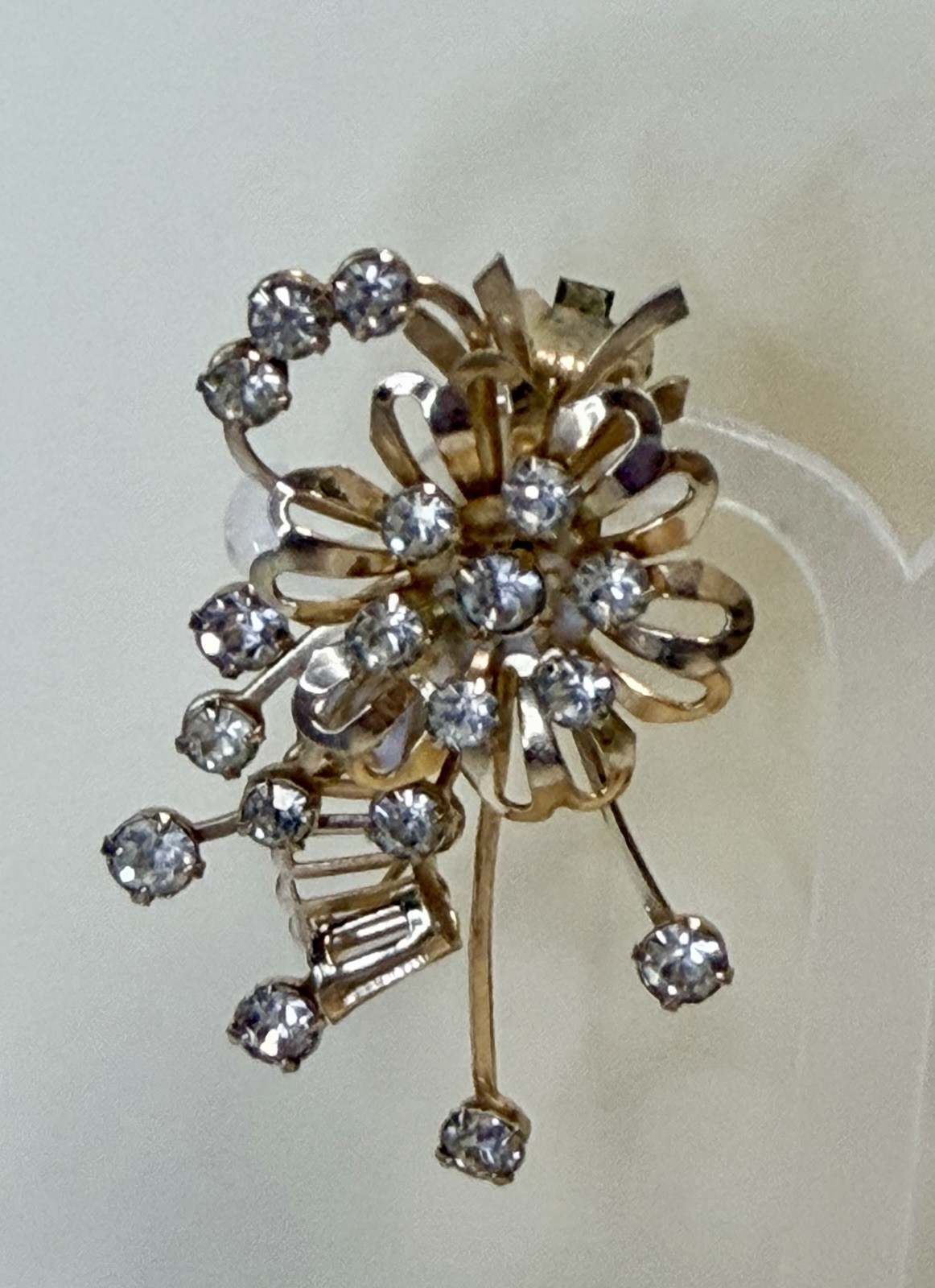 Vintage Floral With Rhinestone Accents Earrings, 1950s. Excellent Condition.