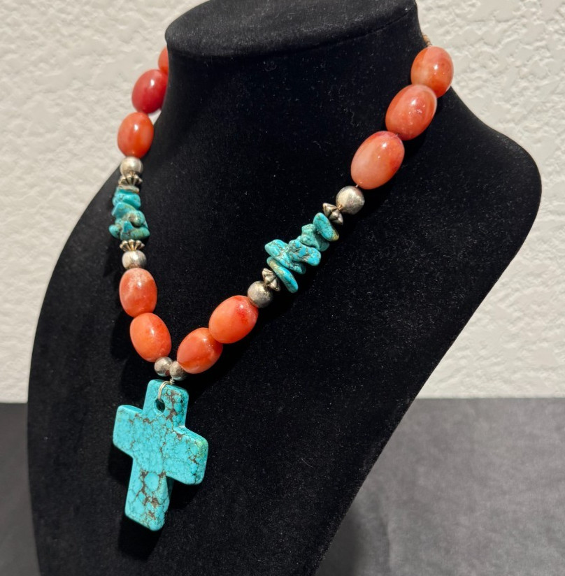 Solid Turquoise Cross Necklace Coral and Sterling Nuggets Heishi Beads 22″ 114 g