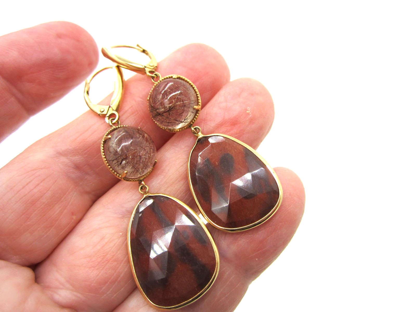 Fabulous 14k Yellow Gold Rutilated Quartz Jasper 6.7 Gram Drop Pierced Earrings