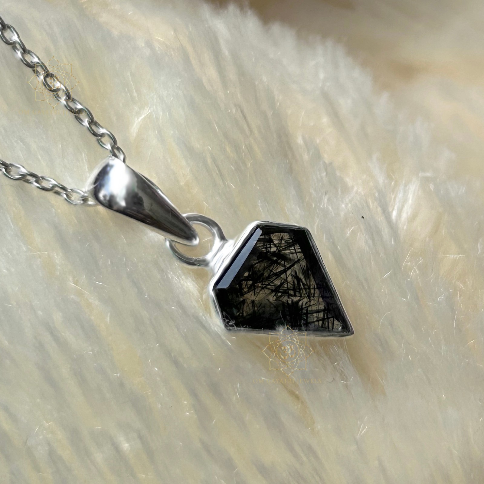 Pentagon Black Rutile Quartz Pendant Sterling Silver Handmade Jewelry 8mm