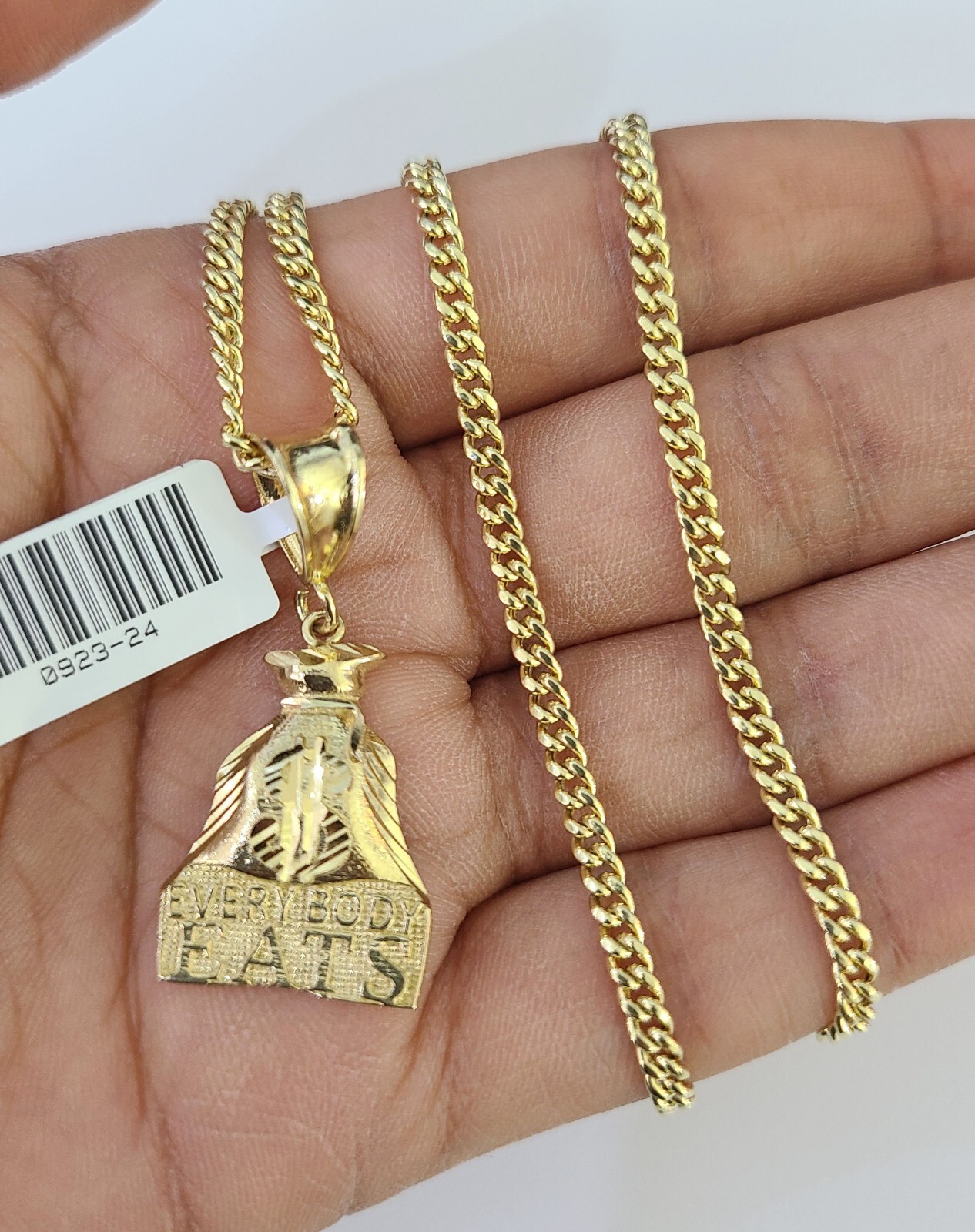 10K Gold Miami Cuban Chain Everybody Eats 18″-28″ 3mm Pendant Necklace SET Charm