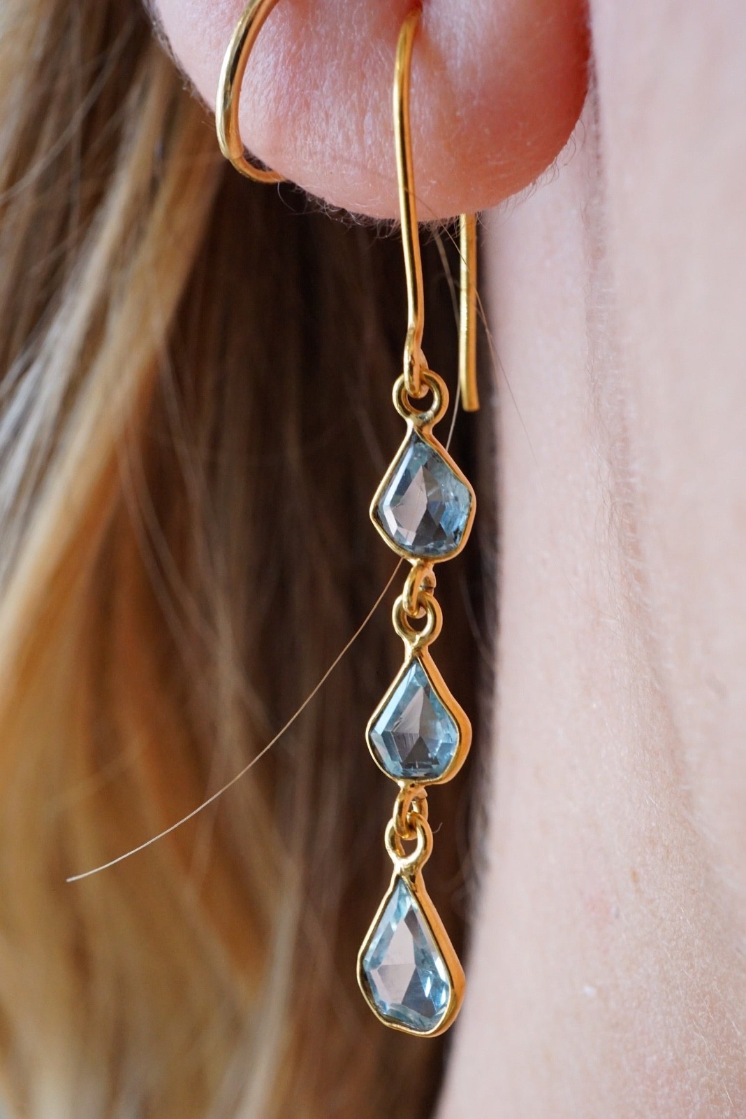 18k Gold Aquamarine Drop Earrings – March Birthstone, French Hook, Bezel Set