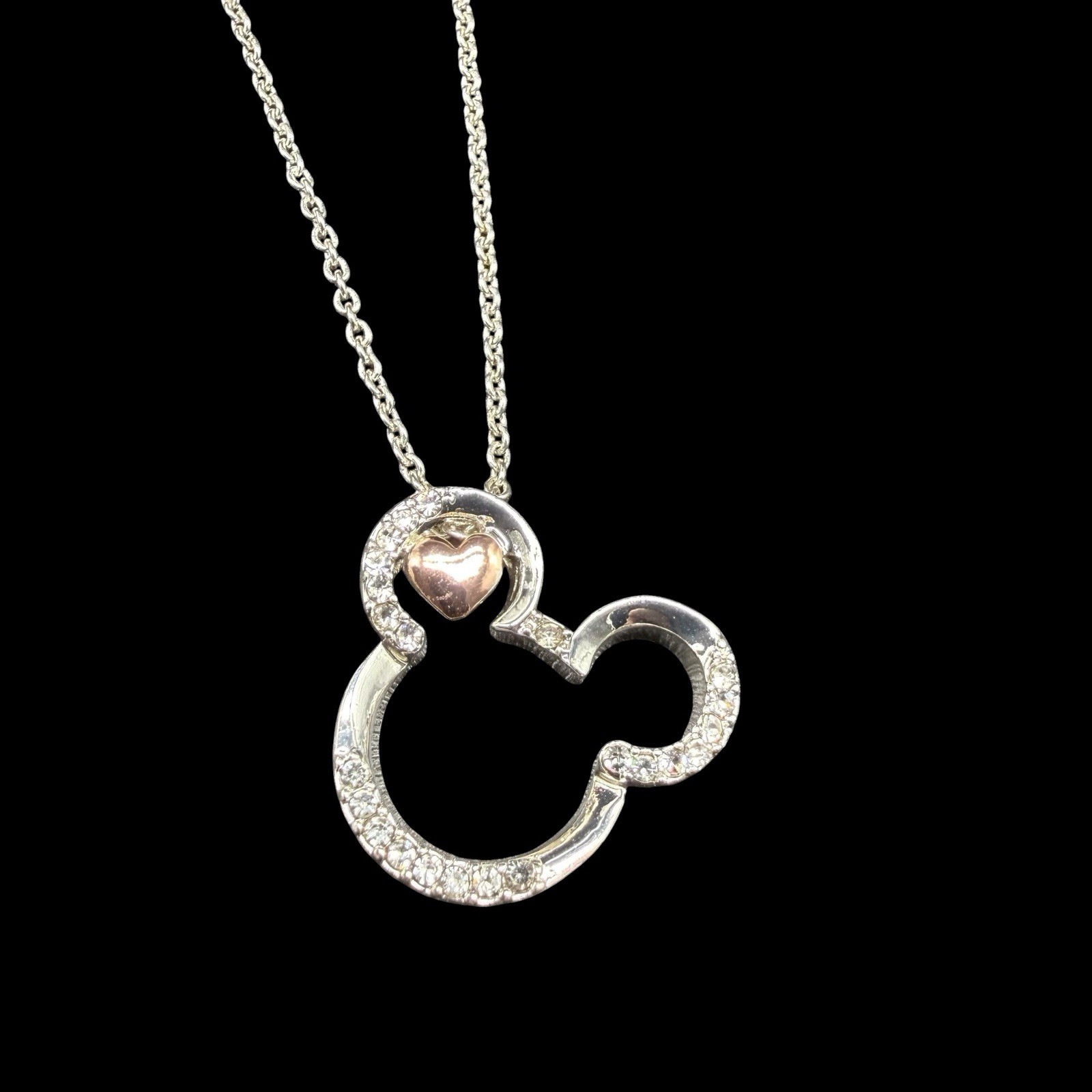 Disney I Love Mickey Pendant Necklace Fine Silver Plated Swarovski Crystal NWT
