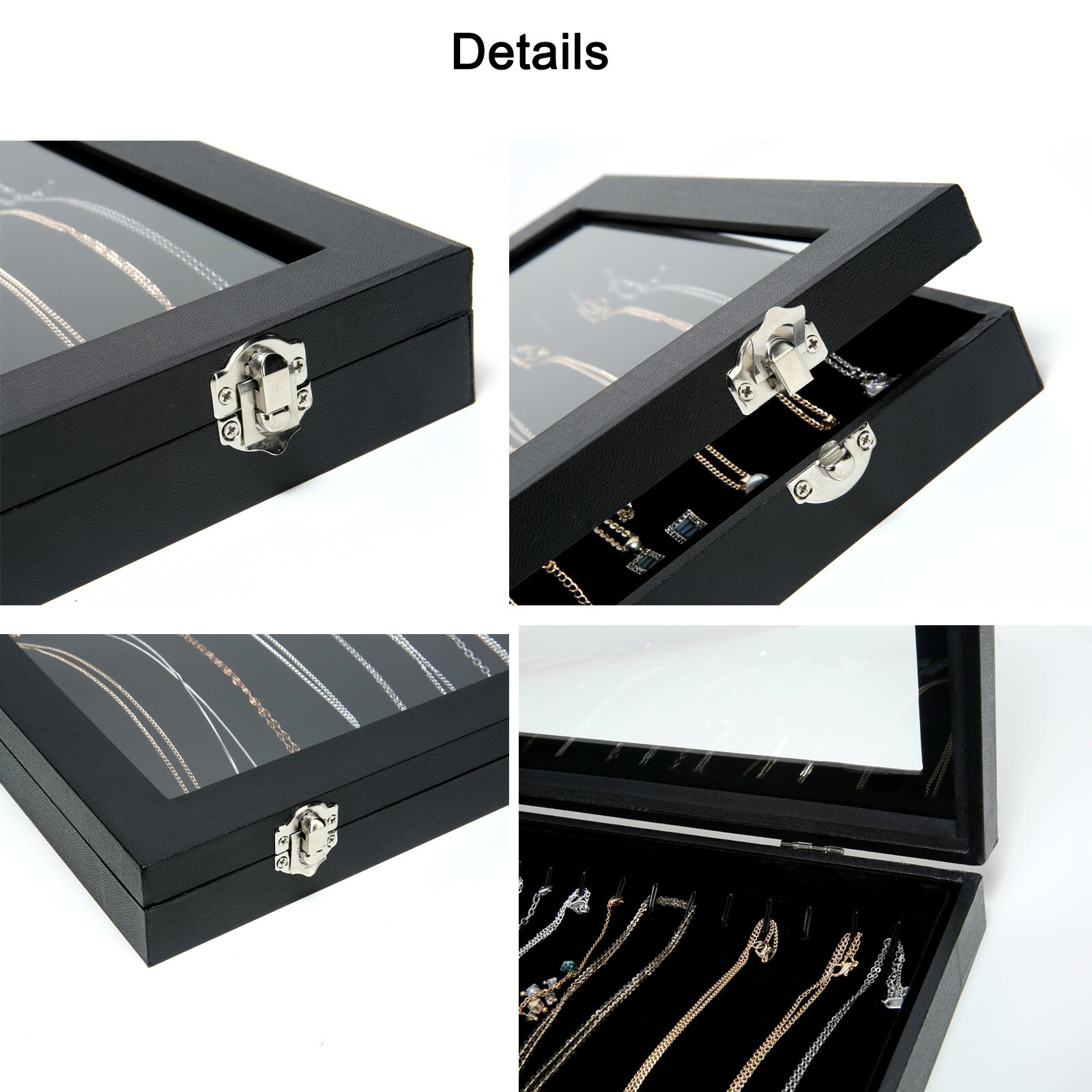 Black 20 Hooks Velvet Necklace Organizer Box Necklace Holder Tray with Clear Lid