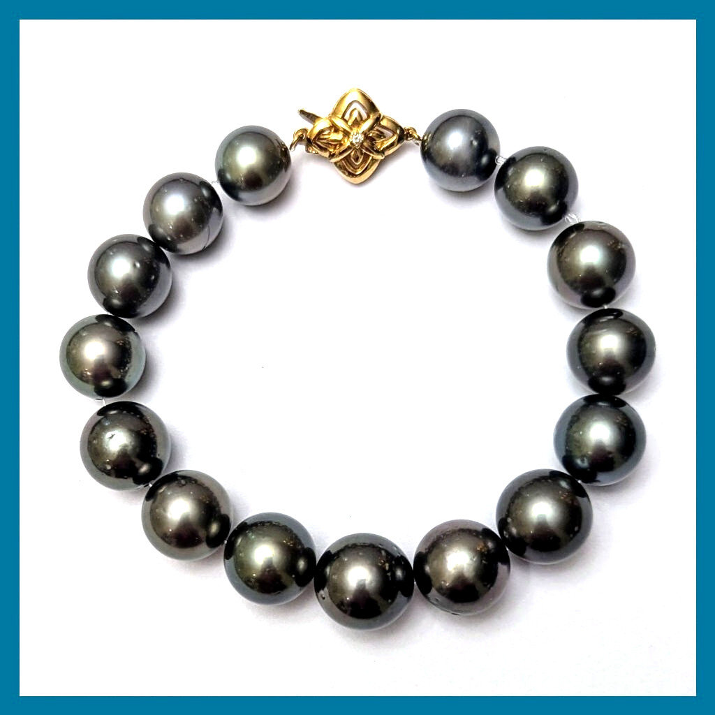 11MM -13.2MM Round Tahitian Gray Pearl Bracelet 18K Yellow Gold Diamond Clasp 8″