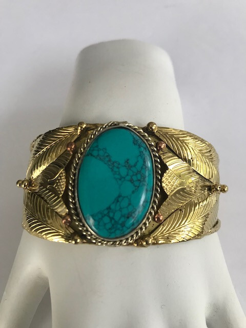 Blue Turquoise Cuff Bracelet 2-Tone Metal Leaf Pattern Cuff Stunning Piece