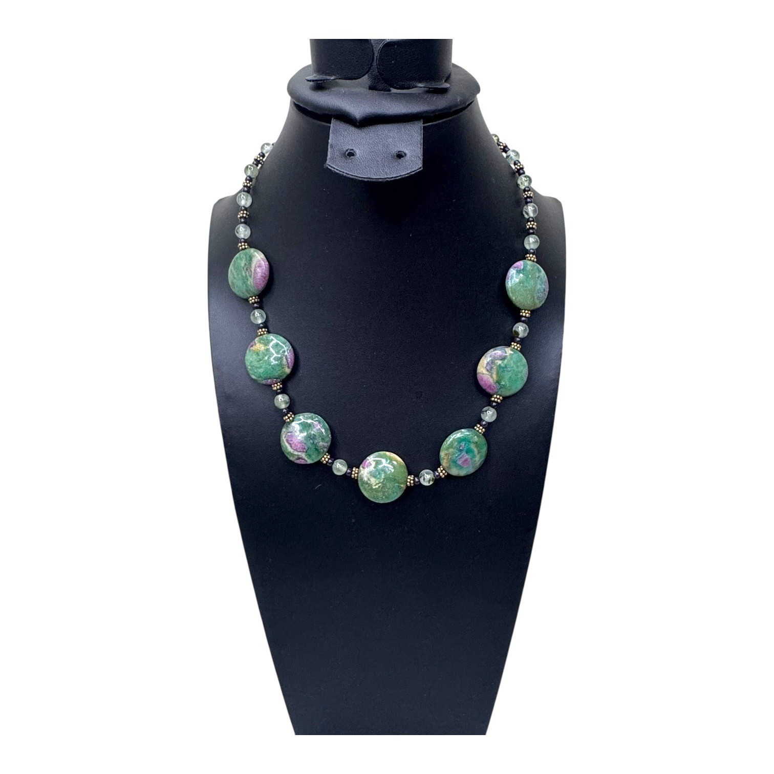 Vintage Ruby Zoisite Beaded Necklace Jade Accent Beads Gold Plated Clasp 18″