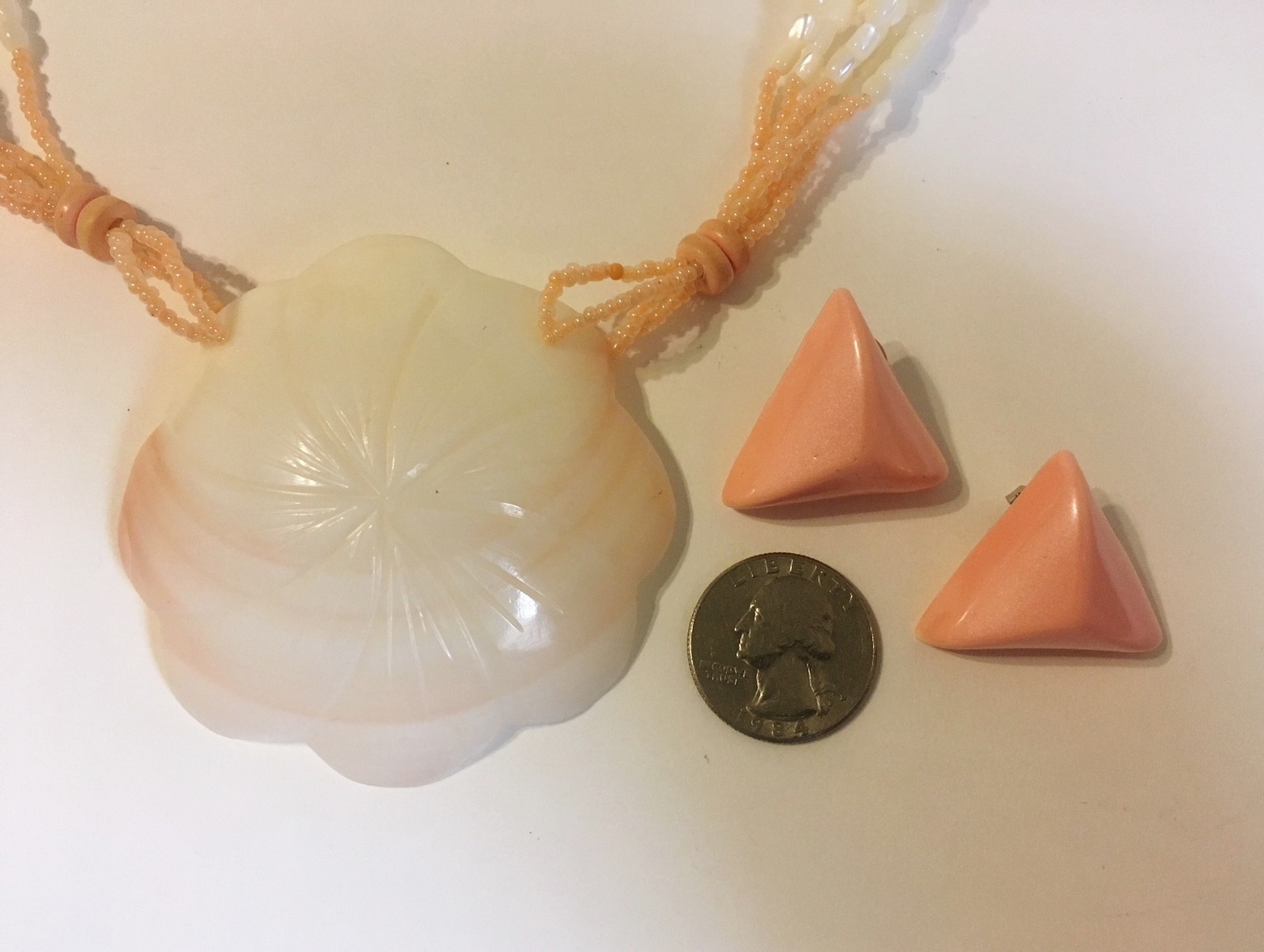 Shell Necklace Earring Set Pendant Pink Off White Beaded Triangle Post Handmade