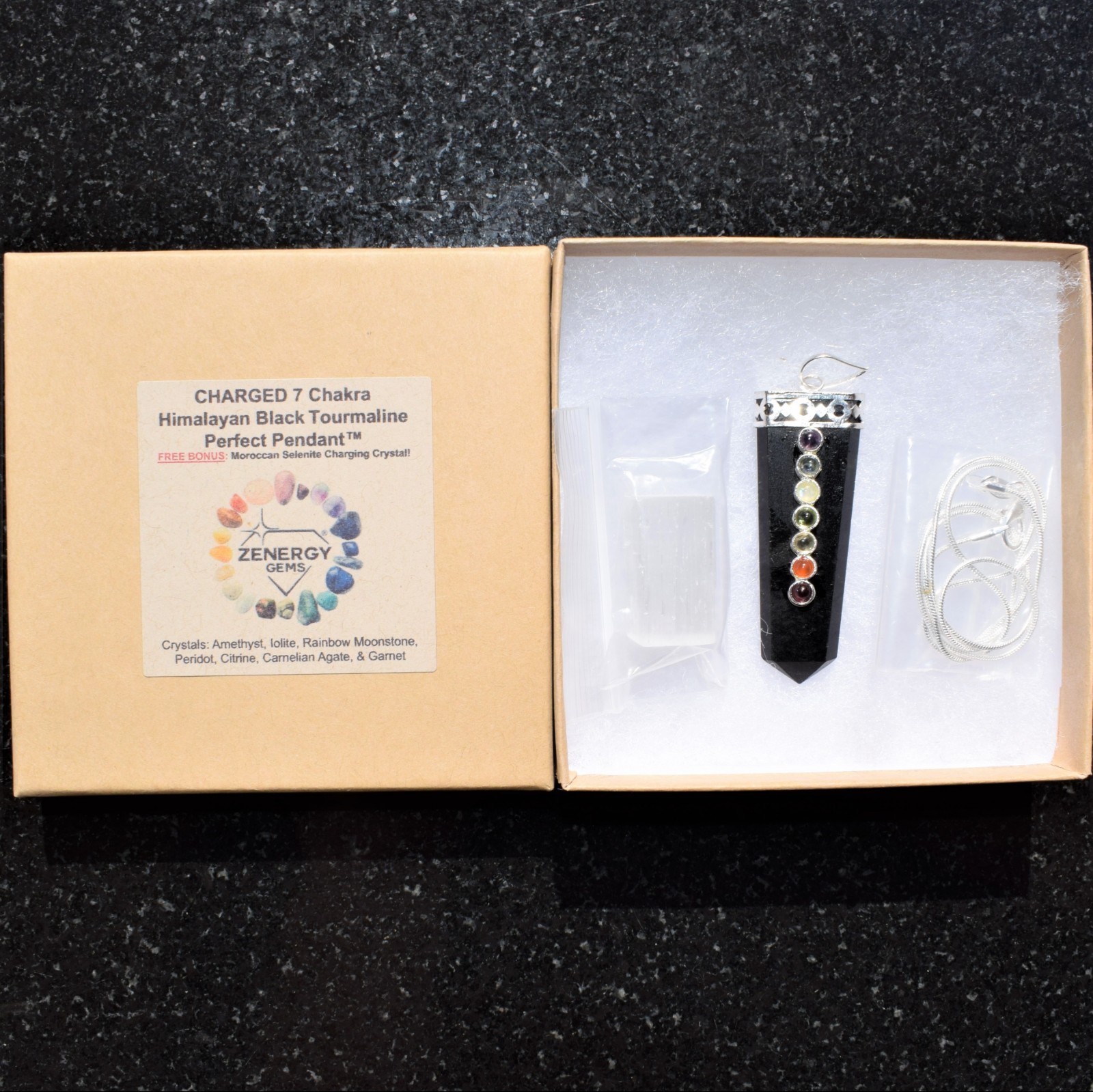 CHARGED 7 Chakra Himalayan Black Tourmaline Pendant + 20″ Stainless Steel Chain