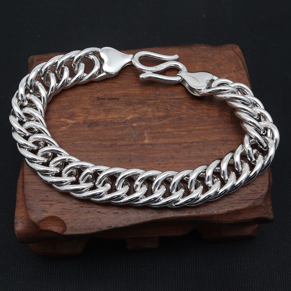 New Pure 925 Sterling Silver Bracelet 12mm Curb Link Chain 8.26inch Men Women