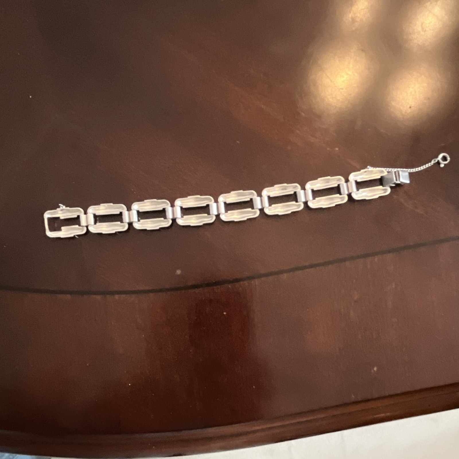 Silver Tone Rectangle Bar Link Chain Bracelet, Adjustable, Lobster Clasp