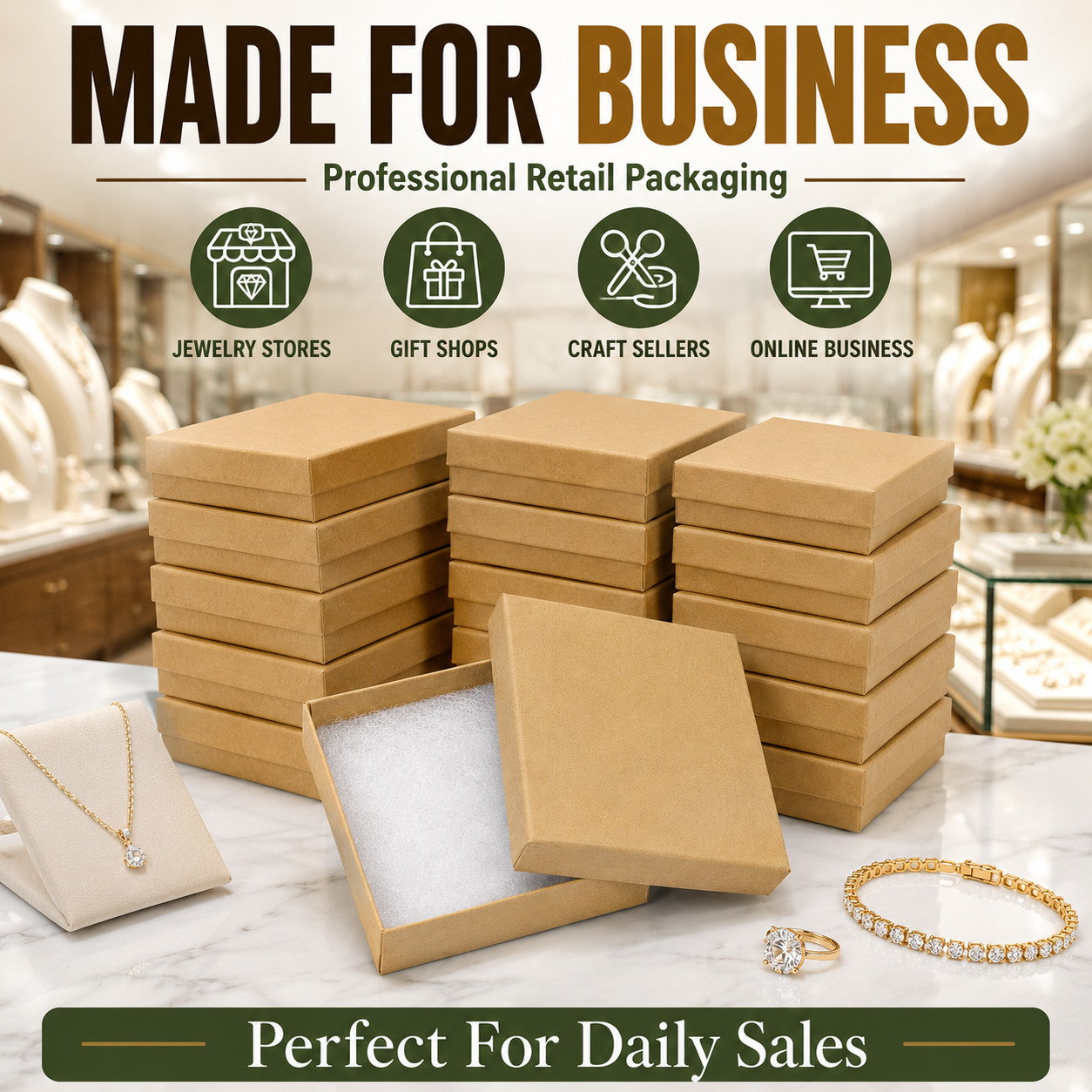 100 Natural Kraft Jewelry Gift Boxes Cotton Filled 3.5″ x 3.5″ x 1″