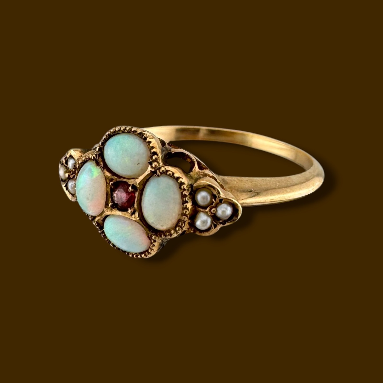 Antique Victorian 9K Yellow Gold Natural Opal & Seed Pearl Cluster Ring Size 5.5