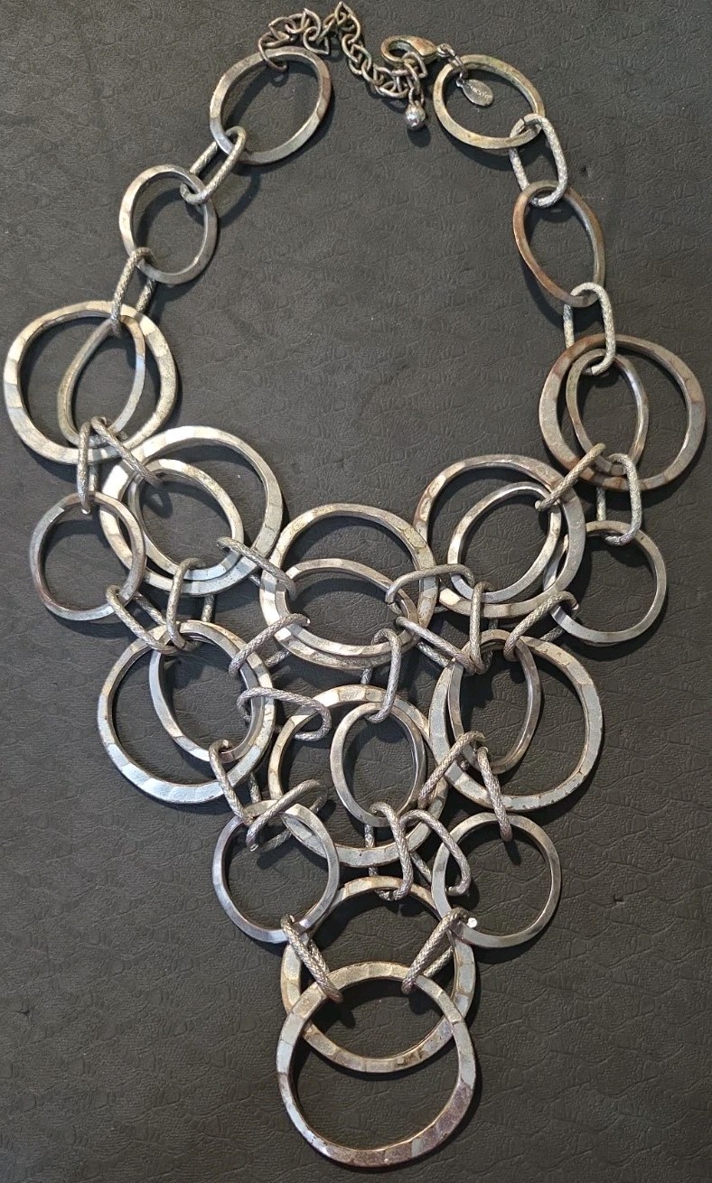 CHICO Silver Tone Statement Link Necklace Heavy Modern Mixed Ring Design 157g