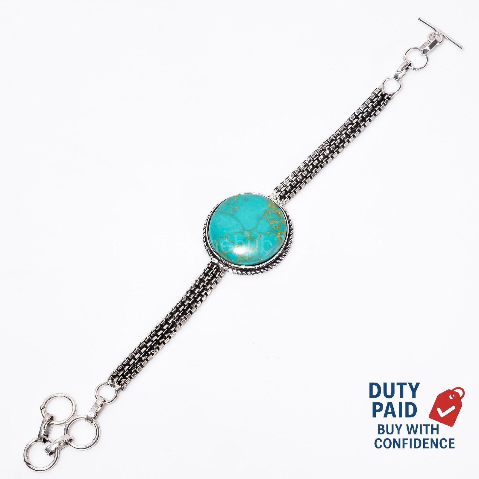 925 Sterling Silver December Birth Genuine Green Copper Turquoise Chain Bracelet