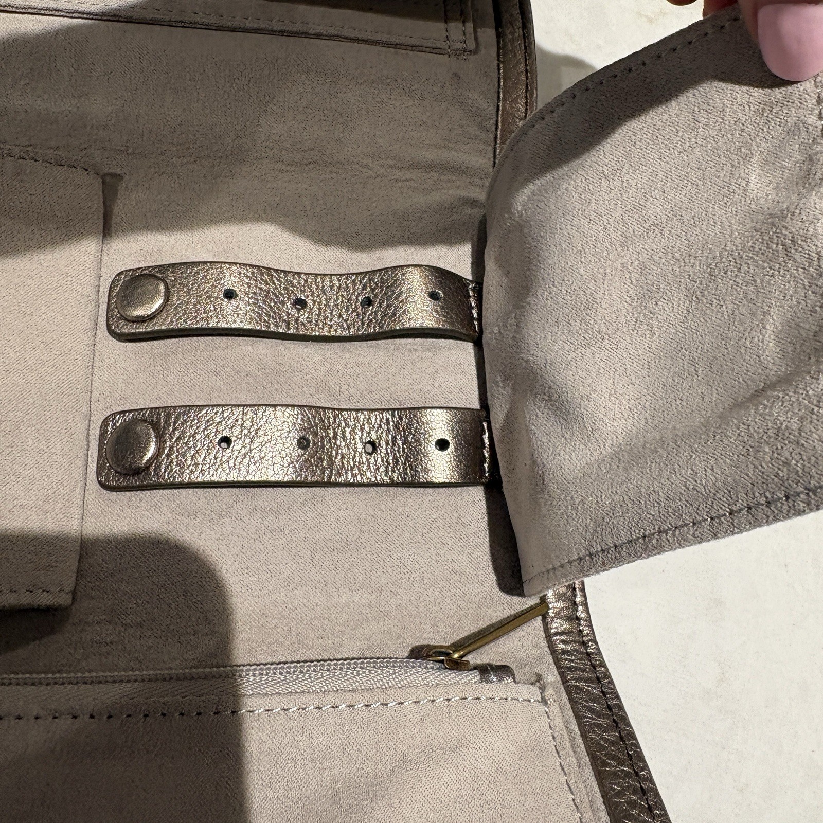 FOSSIL Soft Metallic Bronze Leather Flap Travel Jewelry Case Roll Clutch Wallet