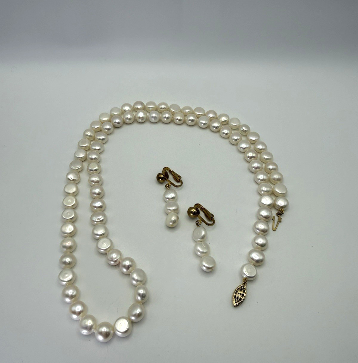 Freshwater Button Pearl Necklace Clip On Earrings Set 14K/20 Gold Filled Clasp