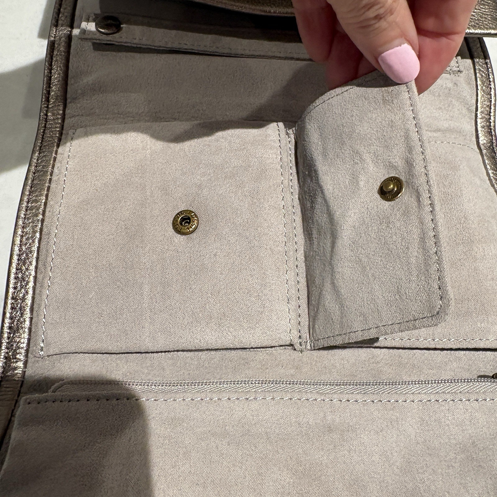 FOSSIL Soft Metallic Bronze Leather Flap Travel Jewelry Case Roll Clutch Wallet
