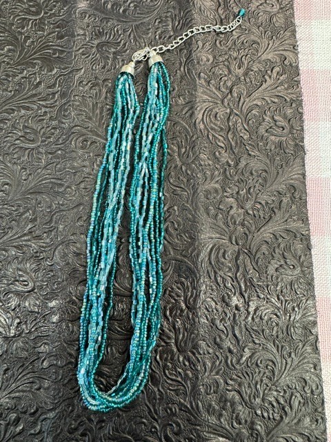 Boho Teal Multi Strand Seed Bead Necklace Silver Tone Faux Malachite Pendant