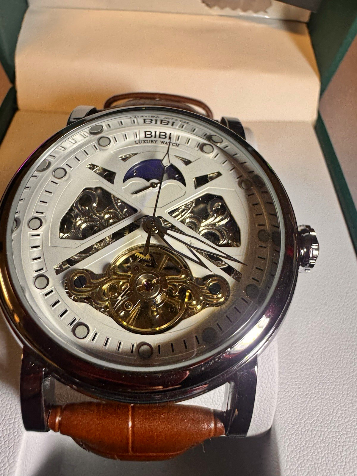 BIBI Automatic Mechanical Skeleton Dial Moon Phase Brown Leather Wristwatch