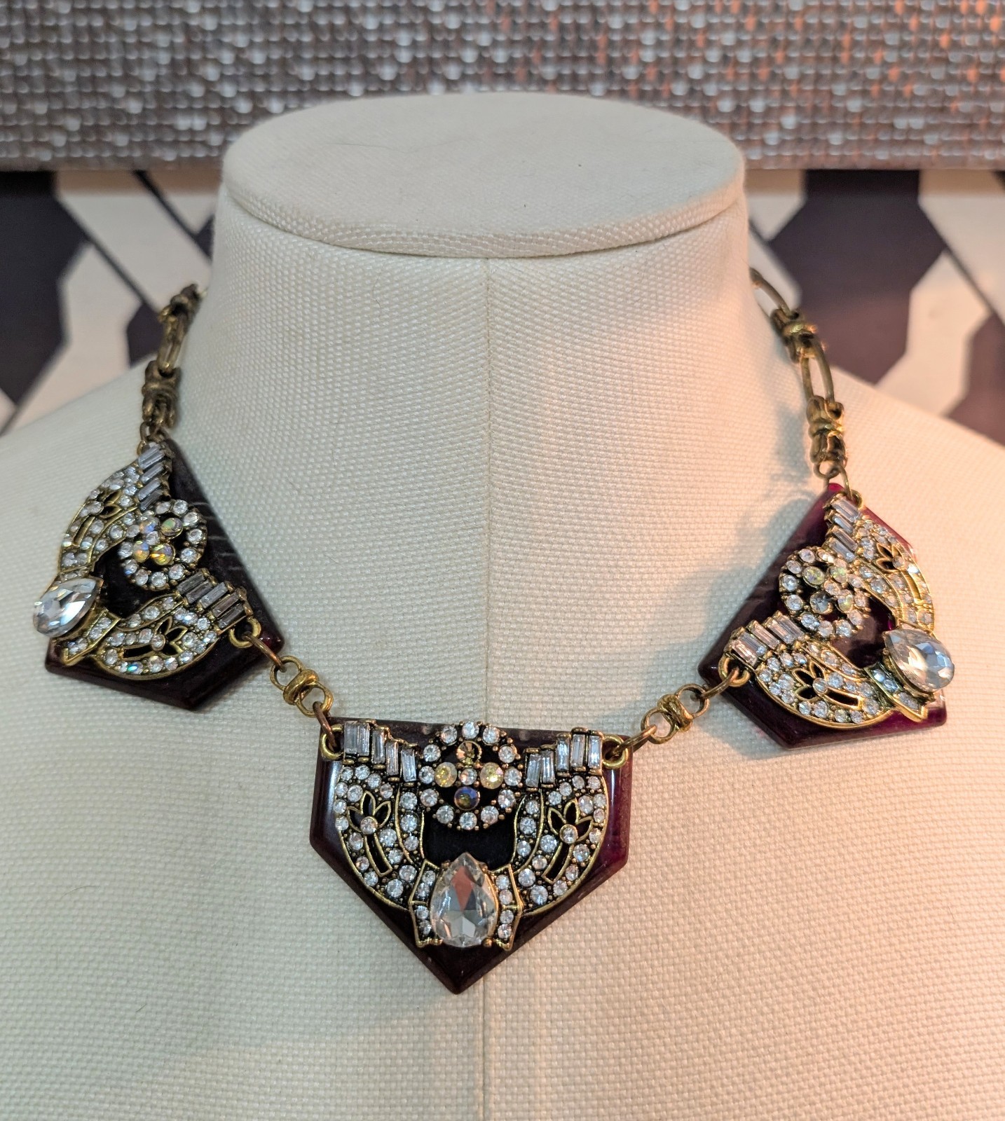 Stunning Necklace With 3 Dark Amber Pendants W/Large Sparkling Rhinestones