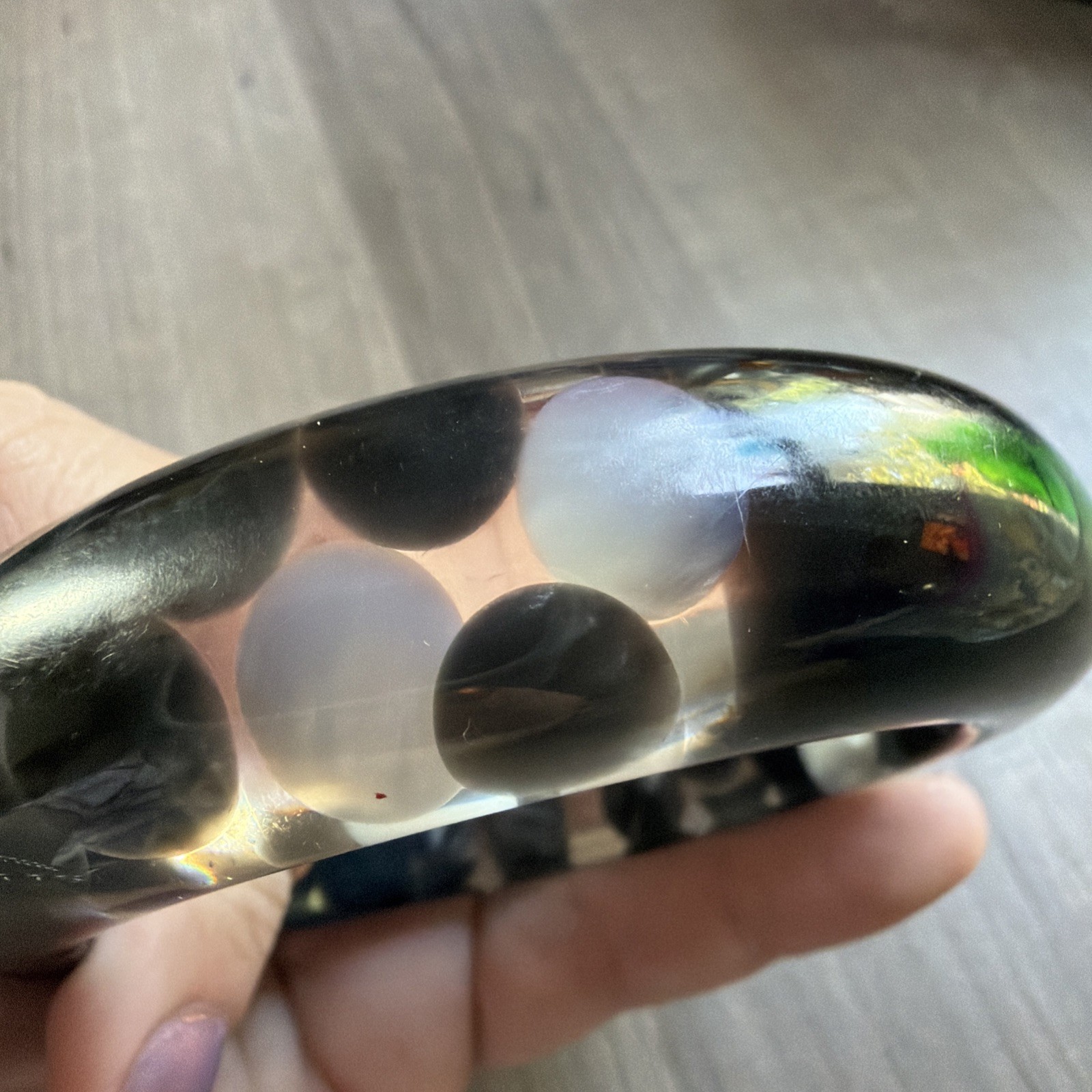 Lucite Black Clear Chunky Bangle Injected White Gray Polka Dot Boba Bubble