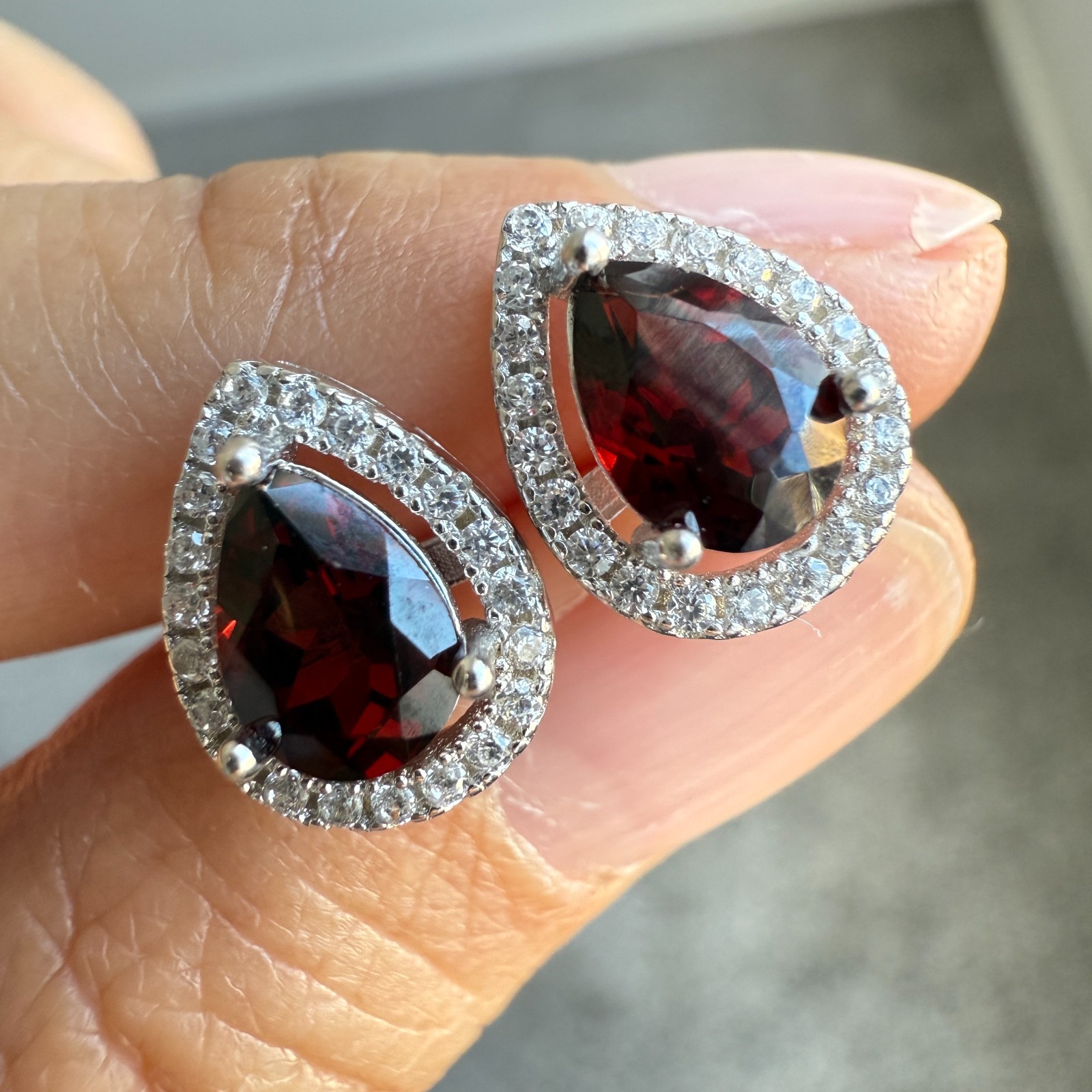 925 Sterling Silver Earrings 7x5mm Rhodolite Garnet Zircon Teardrop Handmade Red