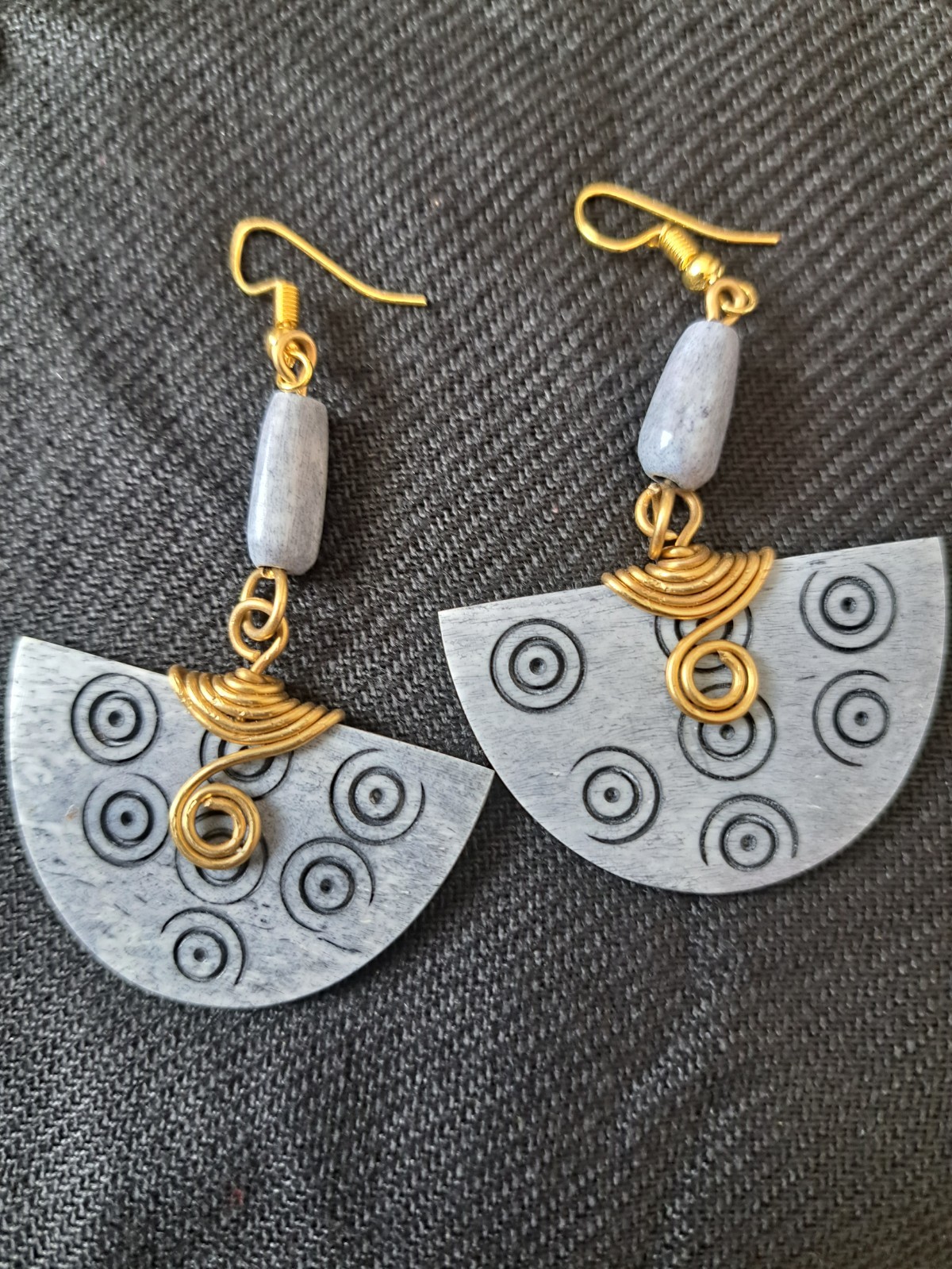 3″ Handcrafted African Bone Dangling Earrings With Bronze Spiral From Kenya