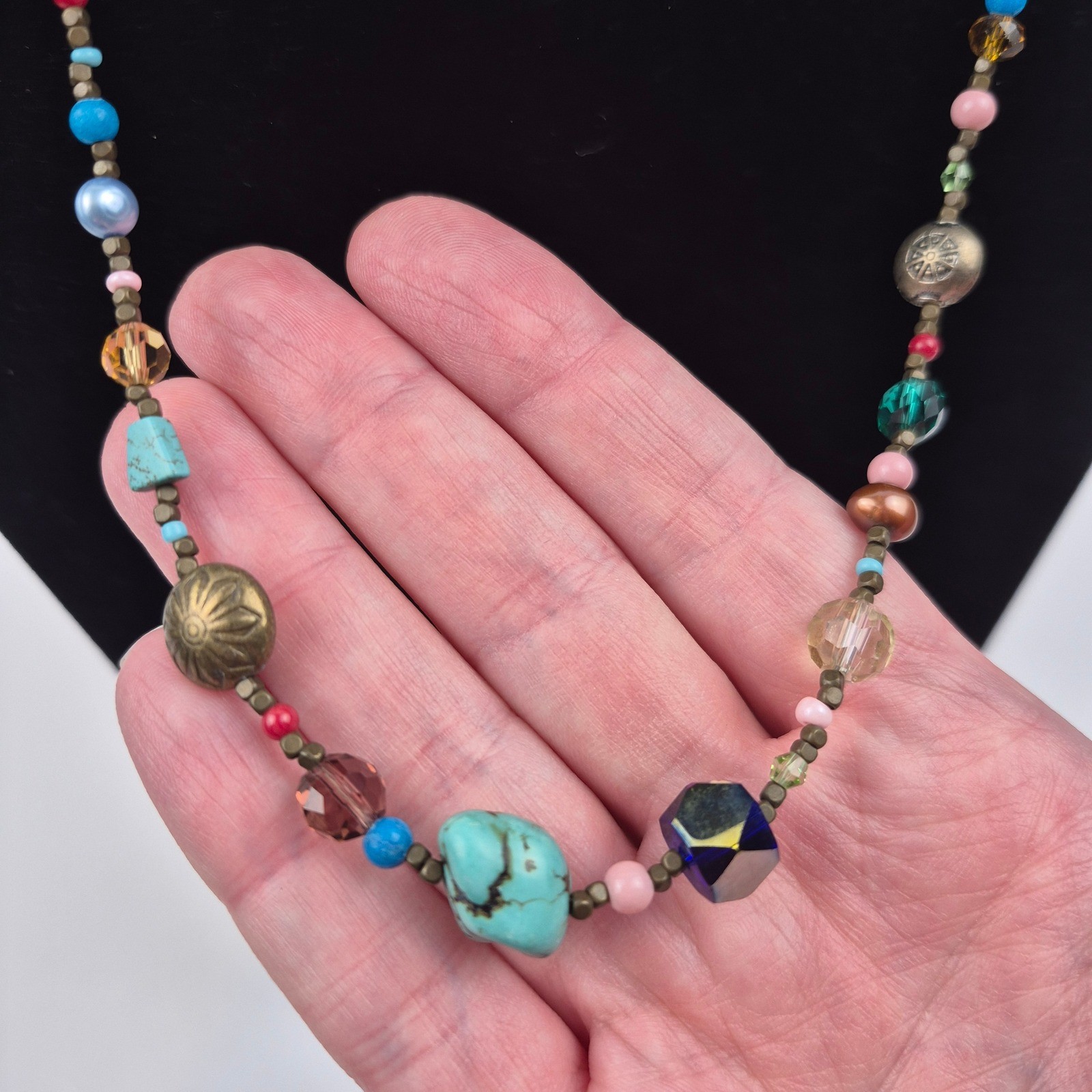 Boho Beaded Necklace 16-19″ Colorful Statement Jewelry Faux Turquoise Layering