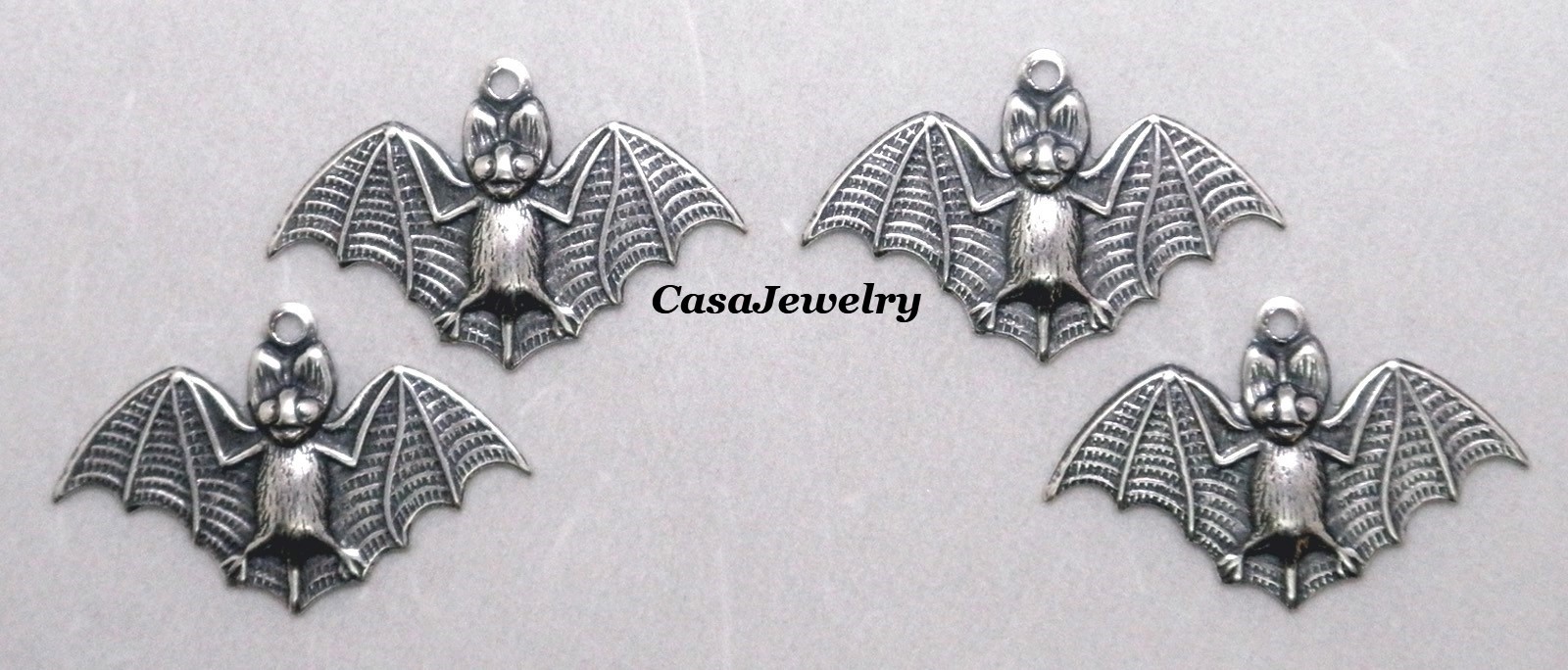 #0411 ANTIQUED .925 STERLING SILVER PLATED BAT W/TOP HANG RING – 4 Pcs