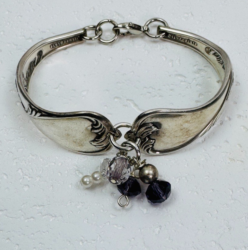 Vtg Silverware Double Handle Bangle Bracelet Silverplate Purple Clear & Pearls