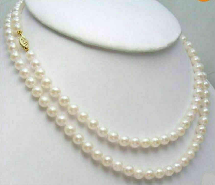 Natural 36inch AAAA 7-8mm round Akoya white pearl necklace 14k yellow gold clasp