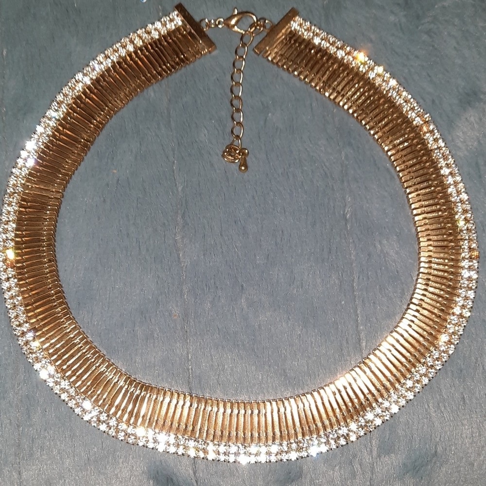 Cz goldtone accordian style choker collar bib necklace adjustable length