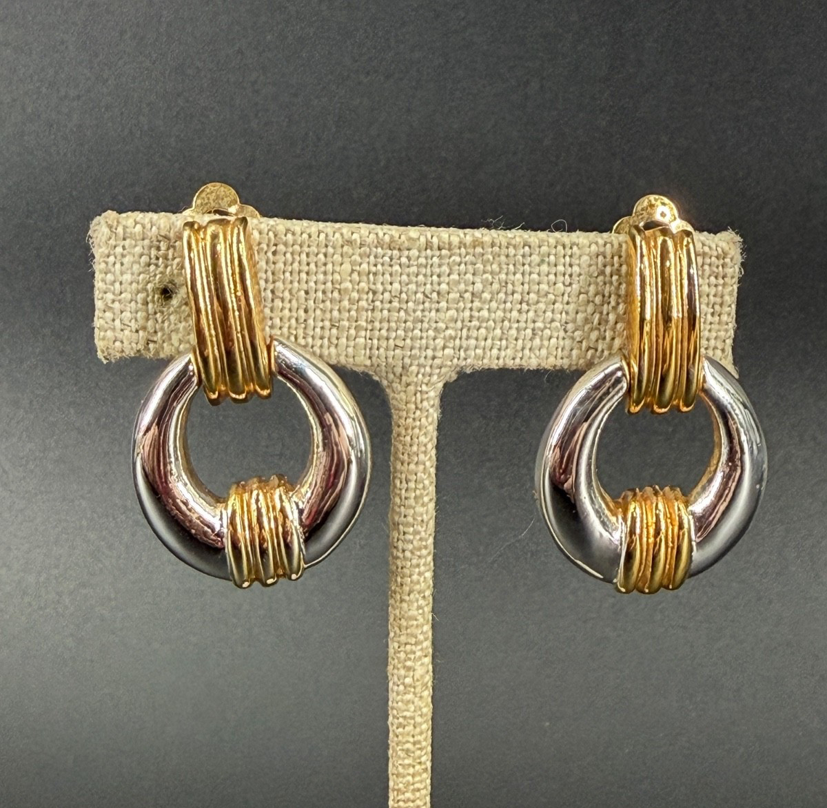 Vintage 80s Two Tone Door Knockers Clip-On Hoop Earrings