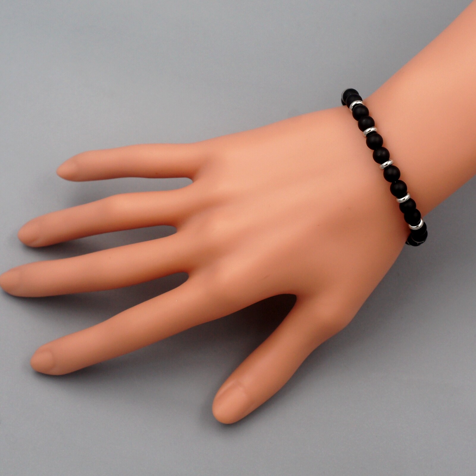 Men Black Agate Natural Frosted Stone Stainless Steel Chain Bangle Bracelet 151