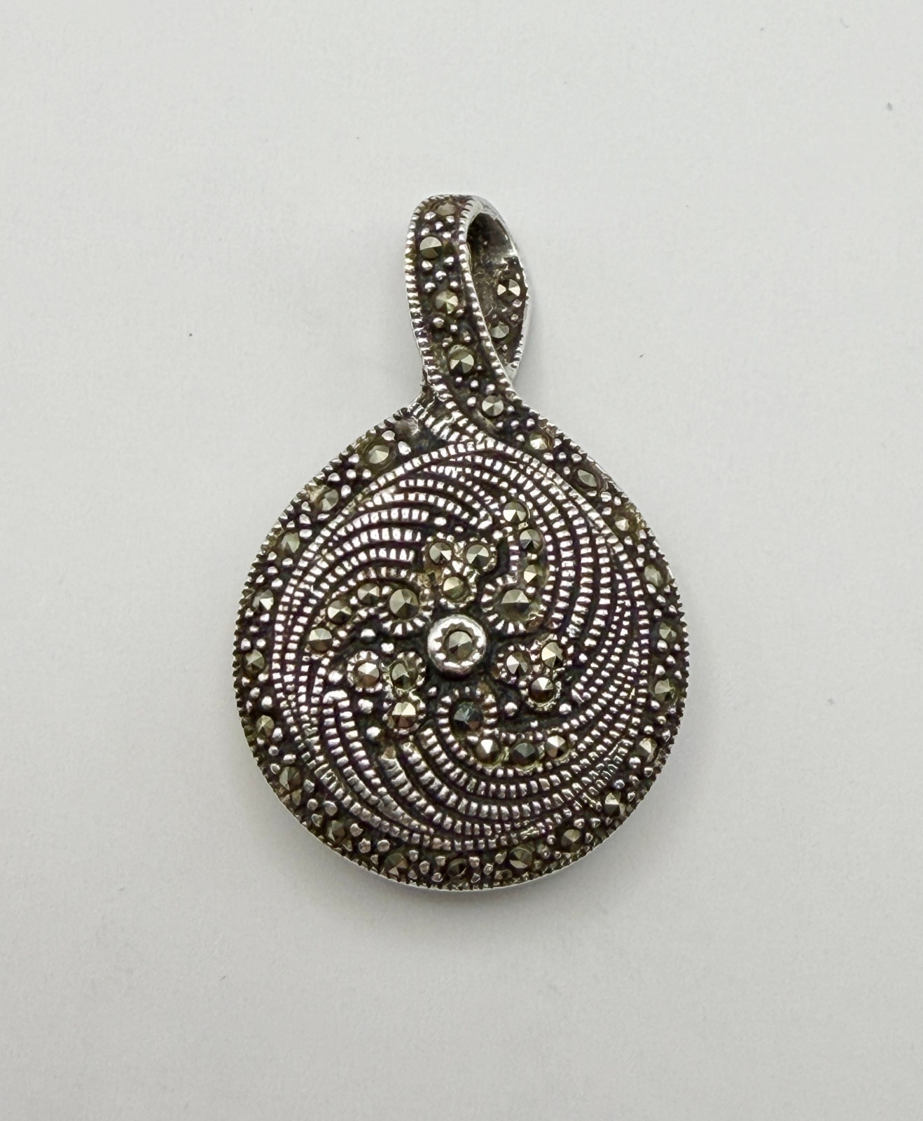 Vintage Double Sided 925 Sterling Silver Black Onyx & Marcasite Pendant