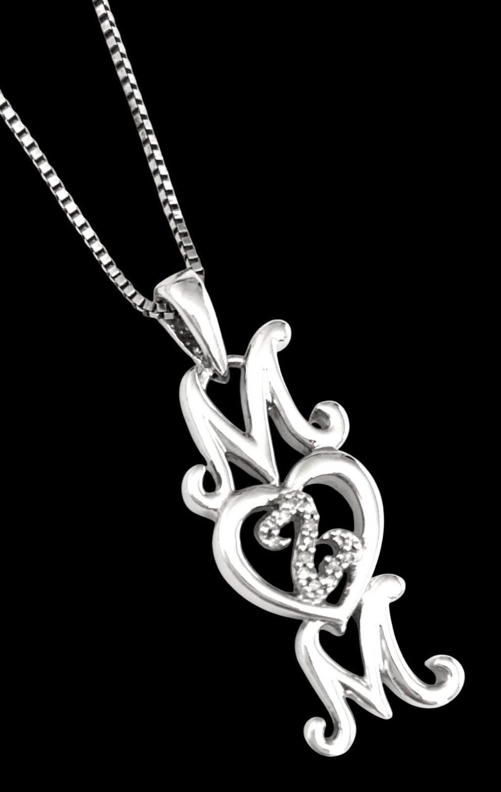 JANE SEYMOUR Sterling Silver DIAMOND OPEN HEART MOM Pendant & Box Chain Necklace