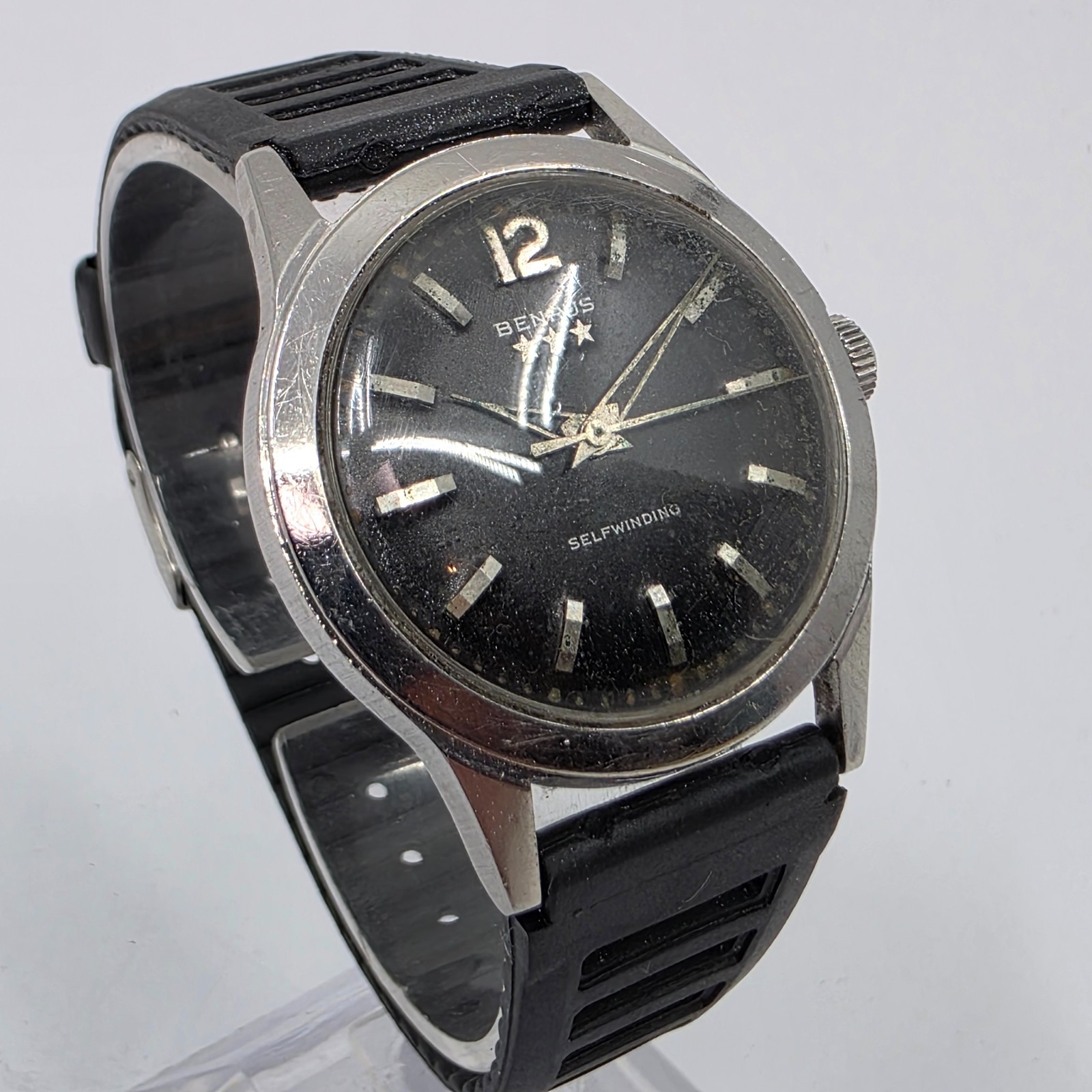 Benrus 3 Star 7155 Self Winding Black Dial Steel Watch