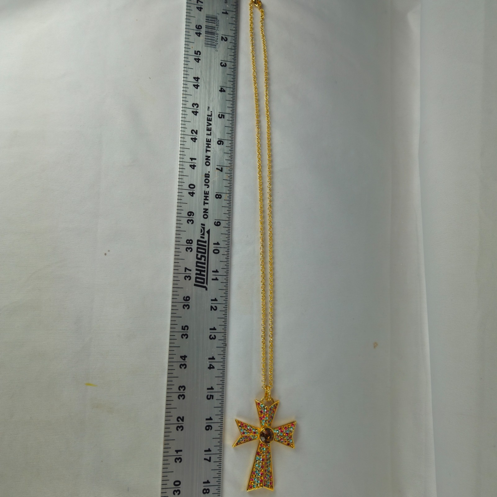 Gold Tone Cross Pendant Necklace Amber Gemstone Religious Christian 50g 18″ Vtg