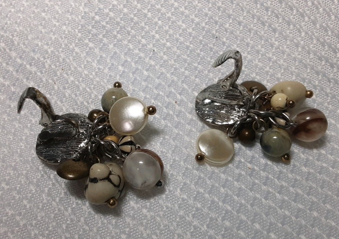 Earring Silver Tone Beige Tan Multicolor Different Shape Beaded Drop Dangle Clip