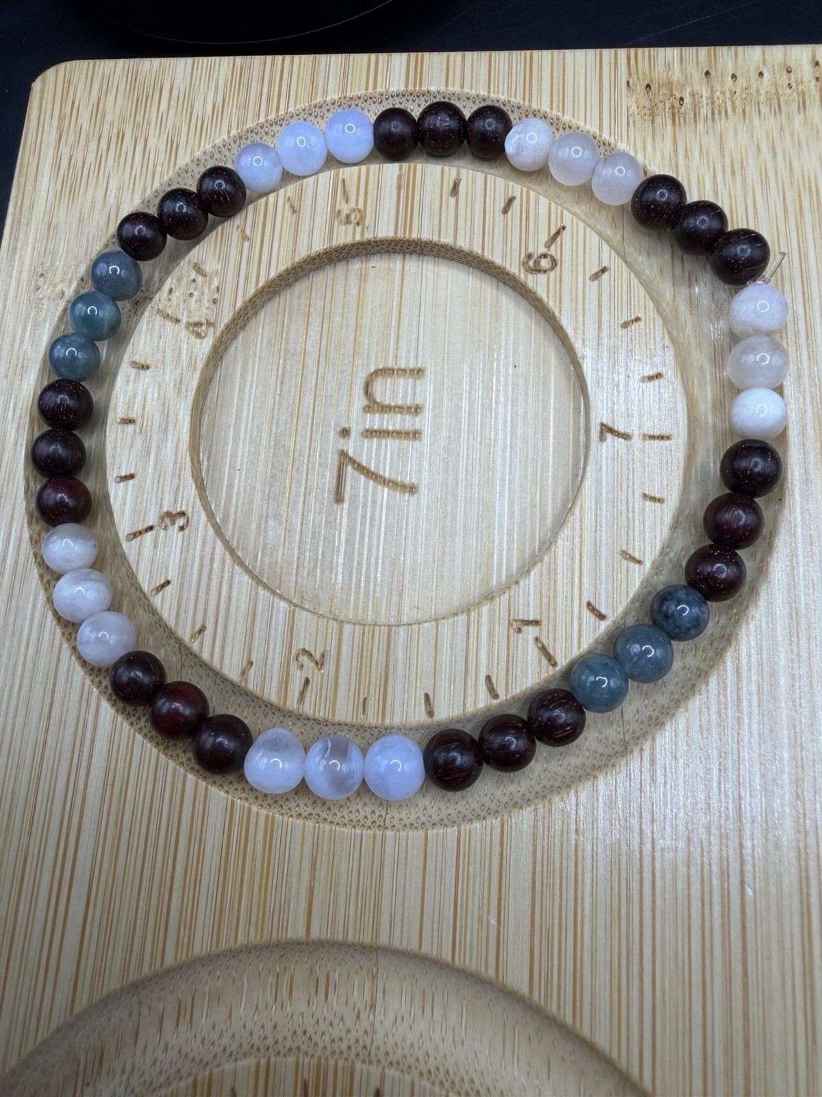 Beaded Bracelet with Blue Water Jade, Pink Flower Agate, and Sandalwood Beads