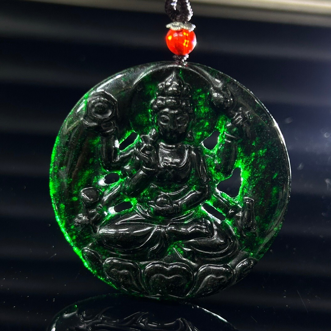 Certified Natural atrovirens jade Jadeite Carved Guanyin Pendant&Necklaces 千手观音